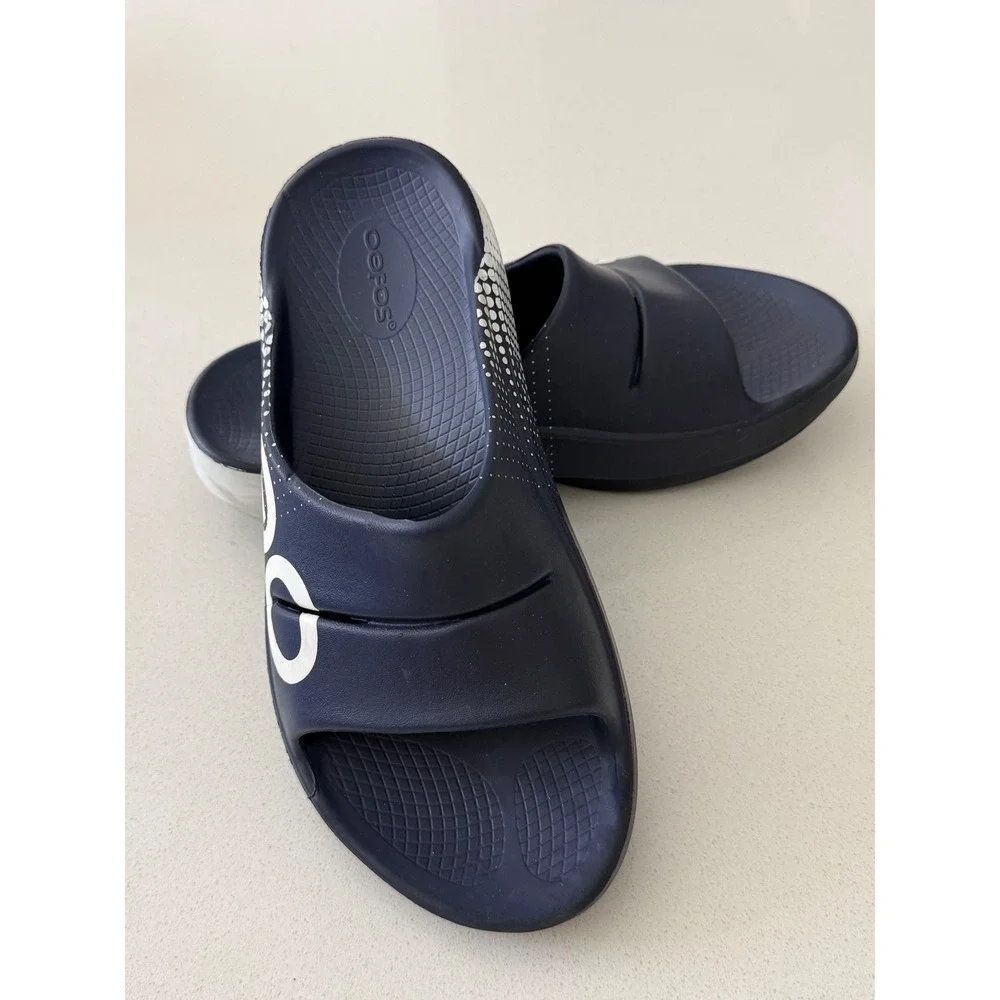 Oofos OOahh Sport Flex Recovery Slide Sandals Navy Blue White Mens 8 Womens 10